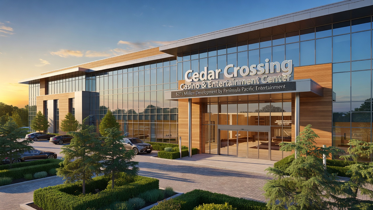 Interior rendering showing slot machines and gaming floor layout at Cedar Crossing Casino