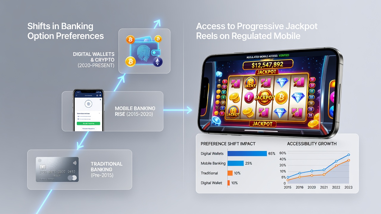 Infographic showing banking preference trends and mobile jackpot access statistics from 2022 to 2026